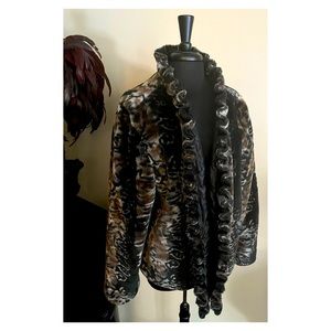 Cato Faux Fur Animal Print V Neck Ruffle Trim Lined Cropped Coat Jacket